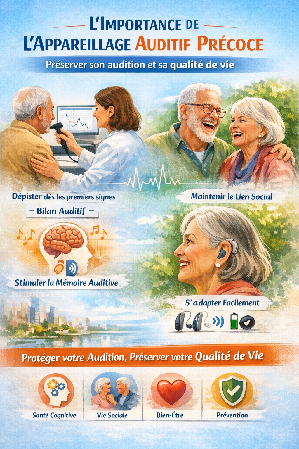 Image dessinée ventant l'appareillage auditif précoce avec différentes illustrations : un homme se faisant ausculter, une couple heureux de retrouver l'audition et une illustration d'un cerveau qui reste actif